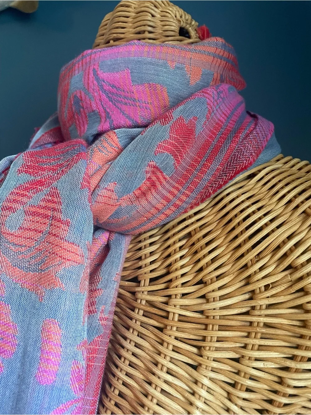 J Jill Very Pretty Ombré Leaves Scarf Jacquard Pink Orange Grey Fringe